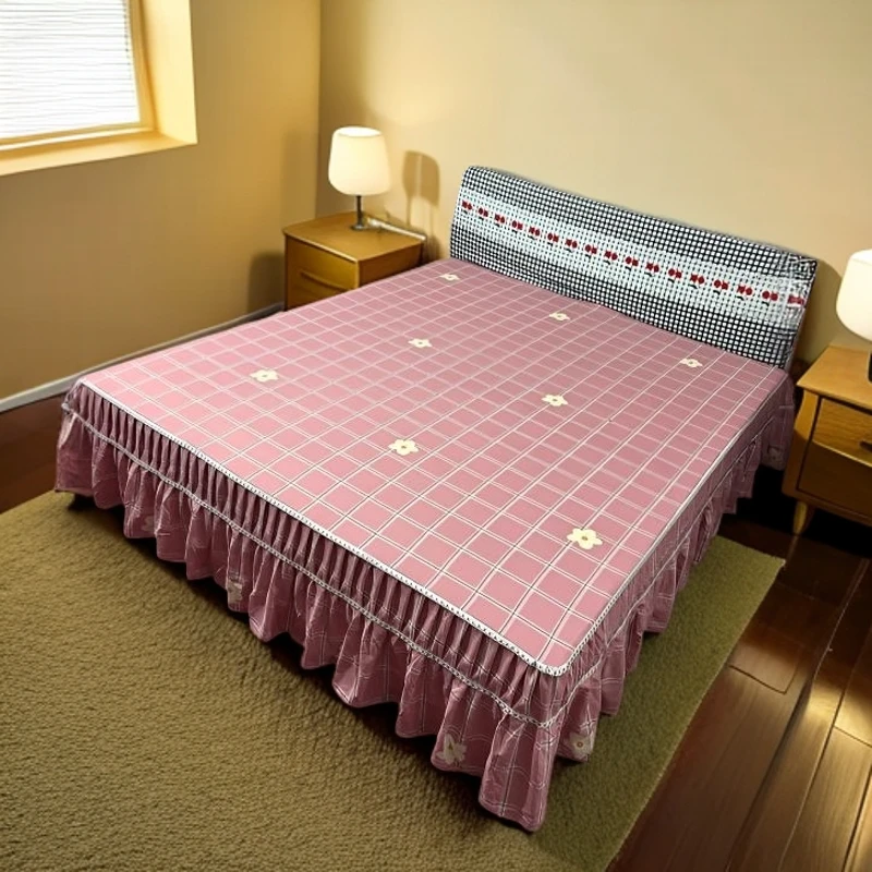 韩版加厚粉色花格子花边床单床裙防滑床罩公主风床围