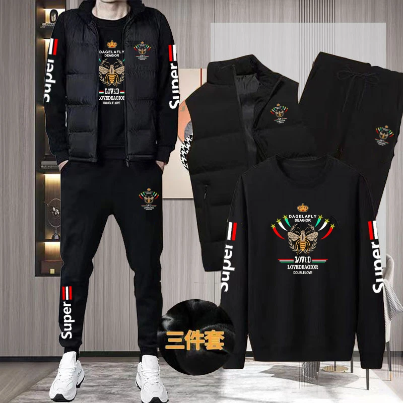 新款秋冬季男士圆领马甲三件套男装休闲运动加绒加厚时尚潮流套装