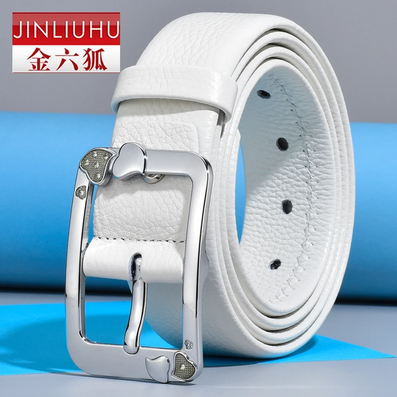 金六狐头层牛皮女士皮带真皮爱心水钻宽腰带女款时尚百搭牛仔裤带