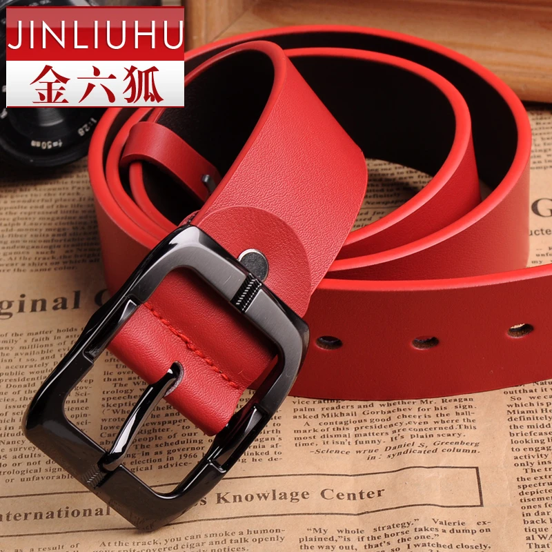 金六狐软皮牛皮女士皮带真皮红色百搭韩版男士腰带女款宽牛仔裤带