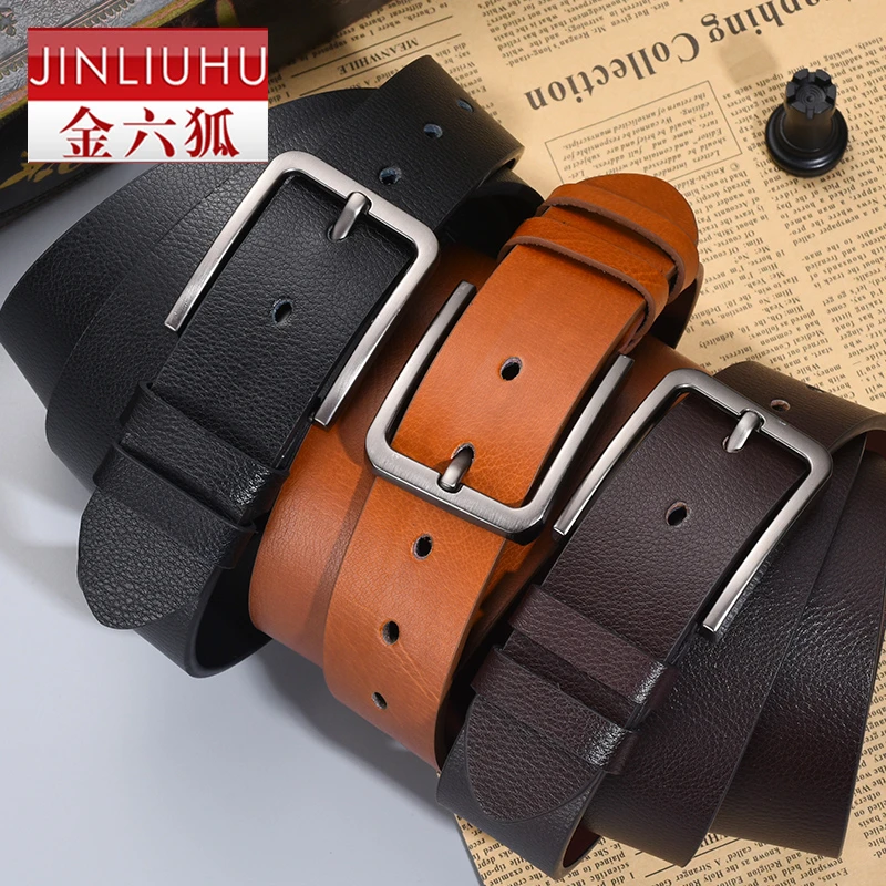 金六狐男士皮带真皮针扣窄款棕色腰带男潮流休闲青年宽版牛仔裤带