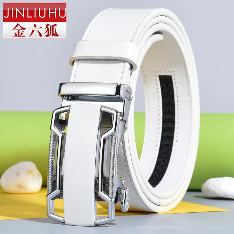 金六狐男士潮流自动扣真皮白色牛皮腰带高尔夫休闲年轻人牛仔裤带