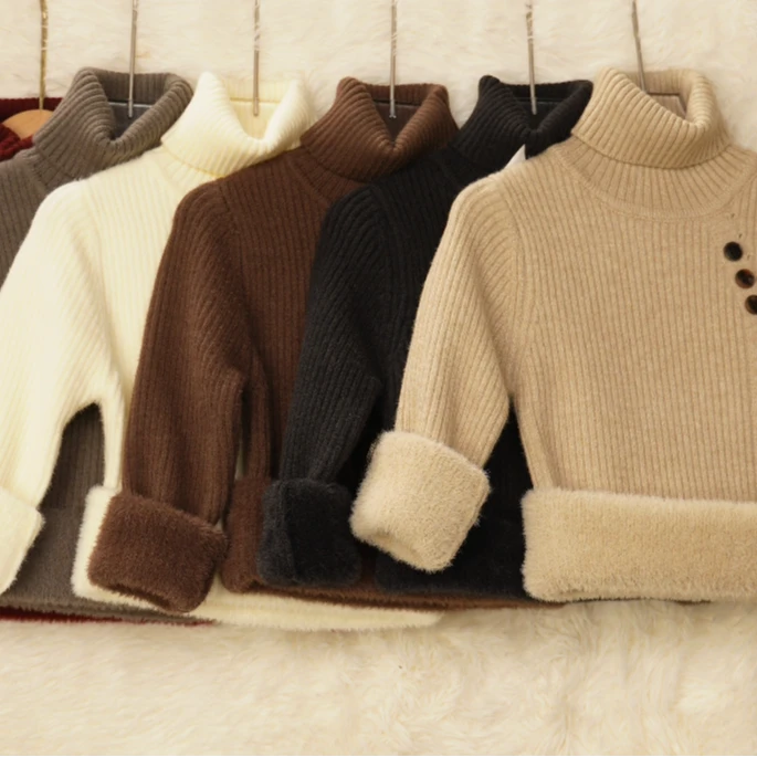 冬季毛衣中大童打底衫一体绒加厚加绒女童男童毛衣高领纽扣百搭款