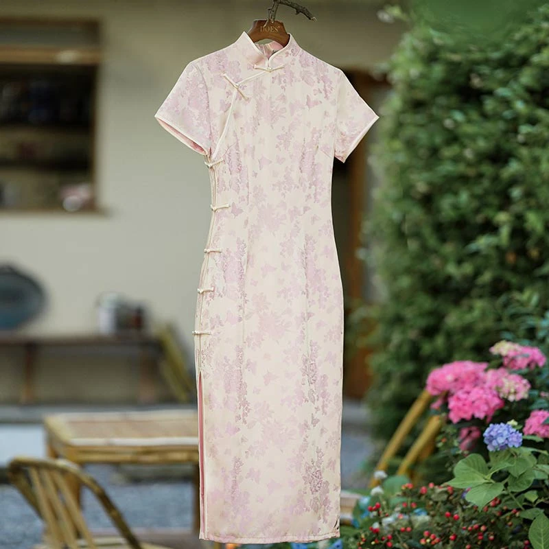 粉色旗袍夏季日常可穿2024新款改良复古民国老上海中式妈妈连衣裙