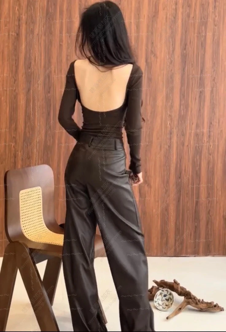 高级感简约纯色直筒宽松百搭显瘦阔腿皮裤