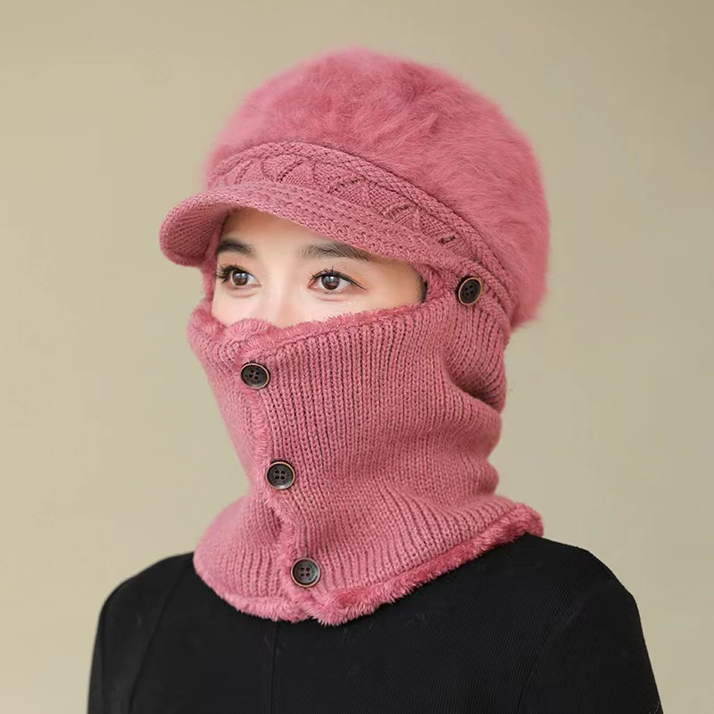 加绒围脖一体鸭舌帽子女士妈妈时尚保暖针织连体帽中