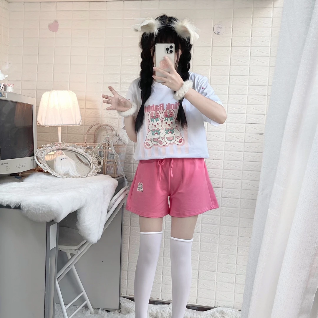 真的蒜Q 原创可爱甜系甜妹印花圆领正肩宽松T恤