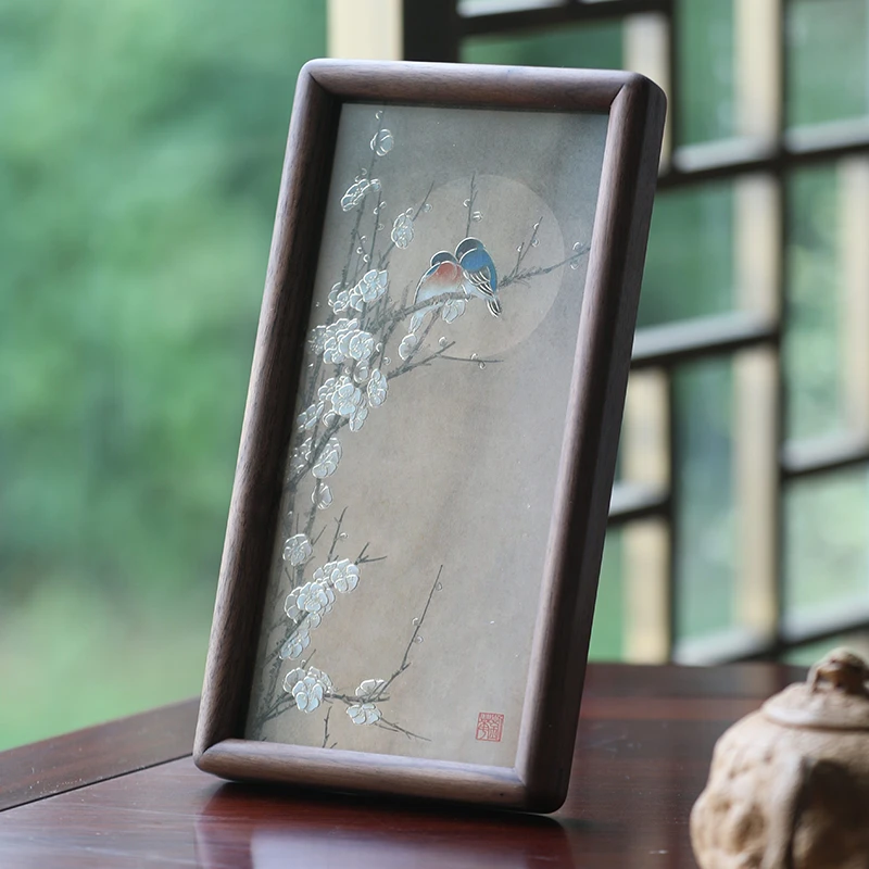 刘华铜手工錾刻《梅》铜雕画中式桌面摆台玄关桌电视柜装饰画
