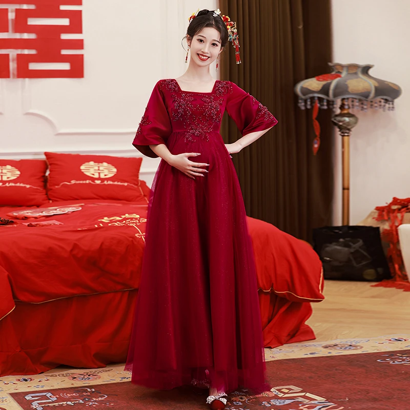 酒红色法式孕妇敬酒服新款2025新娘结婚高腰遮肚胖mm订婚礼服服夏