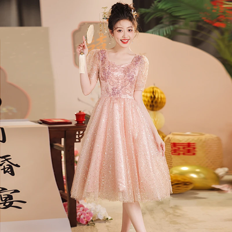 粉色订婚礼服裙新款新娘轻奢小众高端清凉毕业礼服公主裙连衣裙女