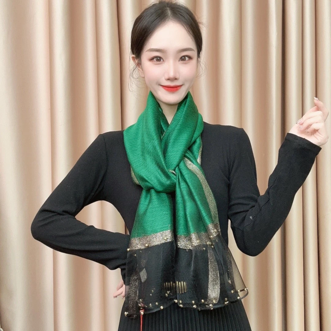 S-34-13 桑蚕丝羊毛65x175左右钉珠款围巾