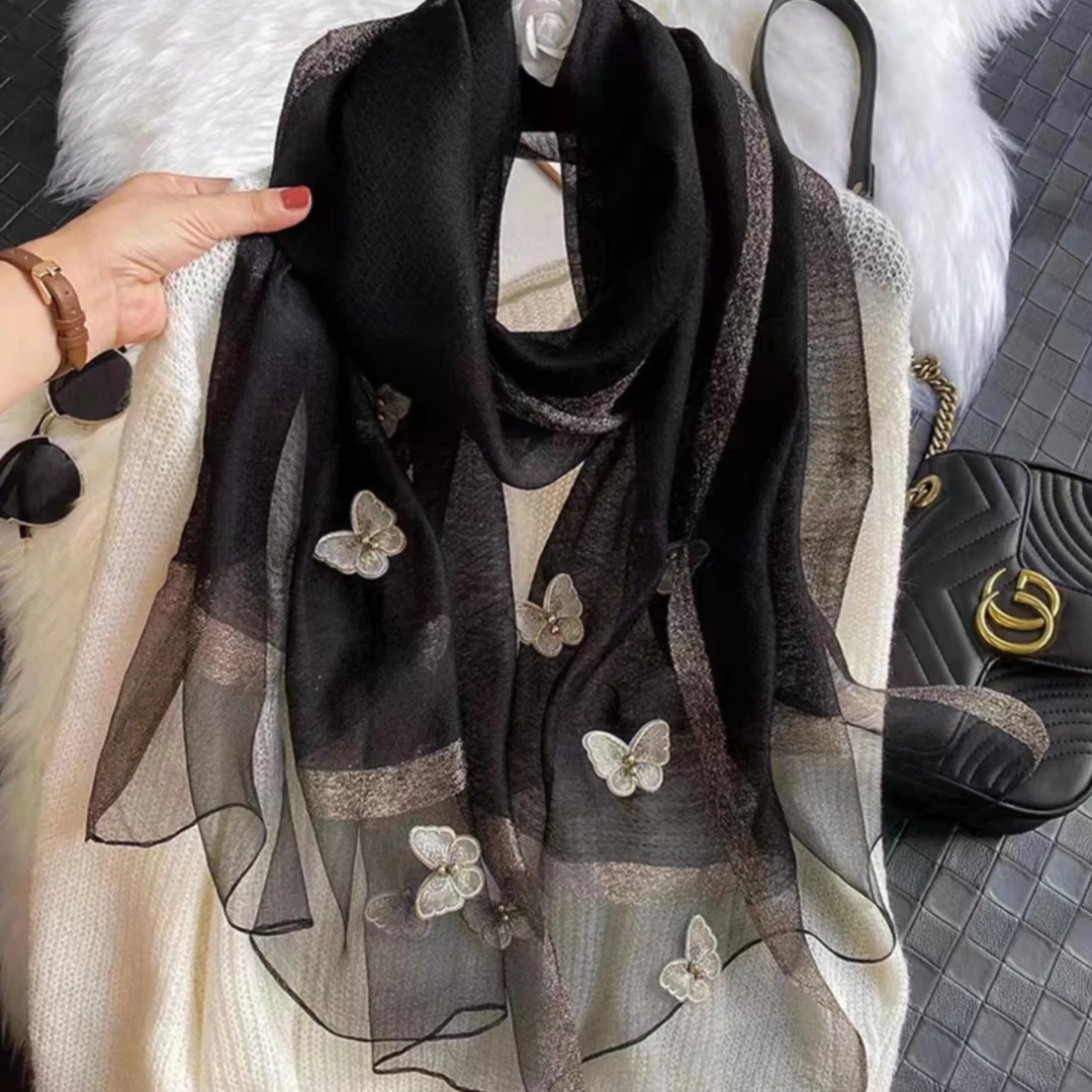S-24-13 桑蚕丝70X180左右长巾百搭夏季 黑色蝴蝶