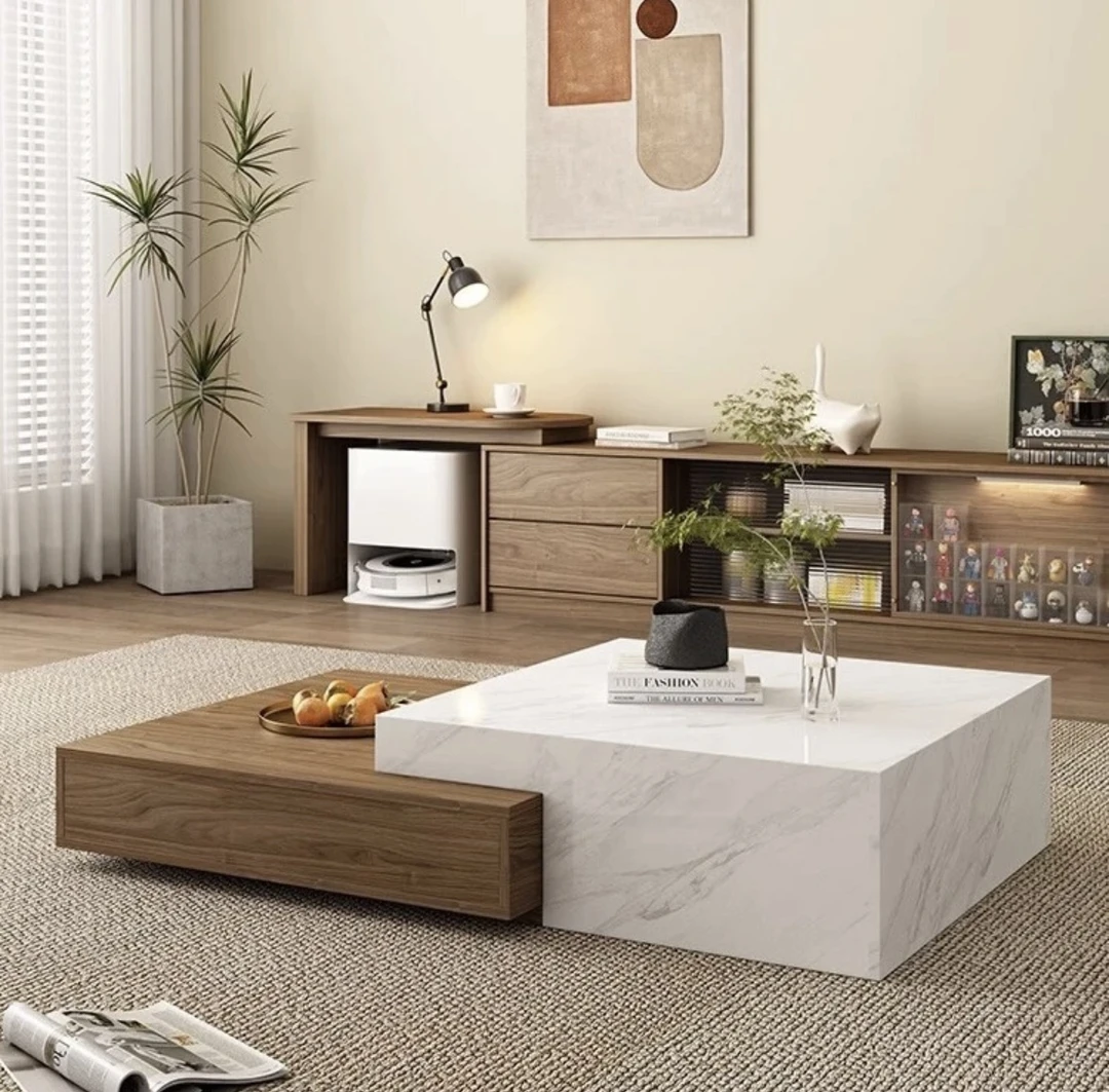 北欧中古风客厅实木岩板伸缩茶几电视柜组合现代简约小户型家用