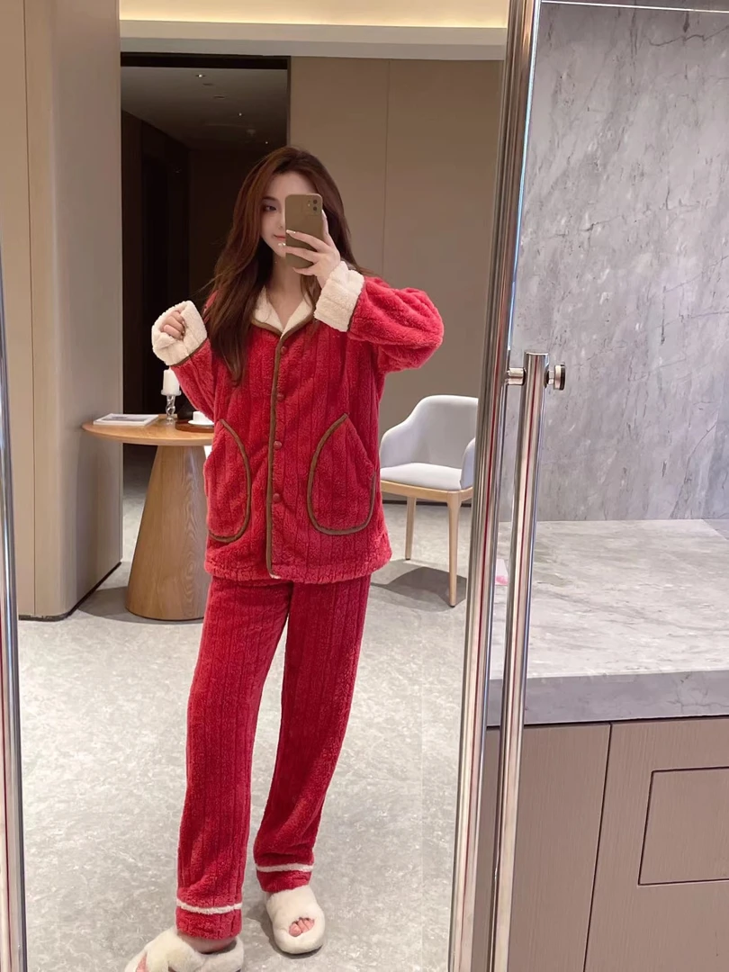 出口韩国：女士时尚简约竖条纹加绒加厚家居服套装