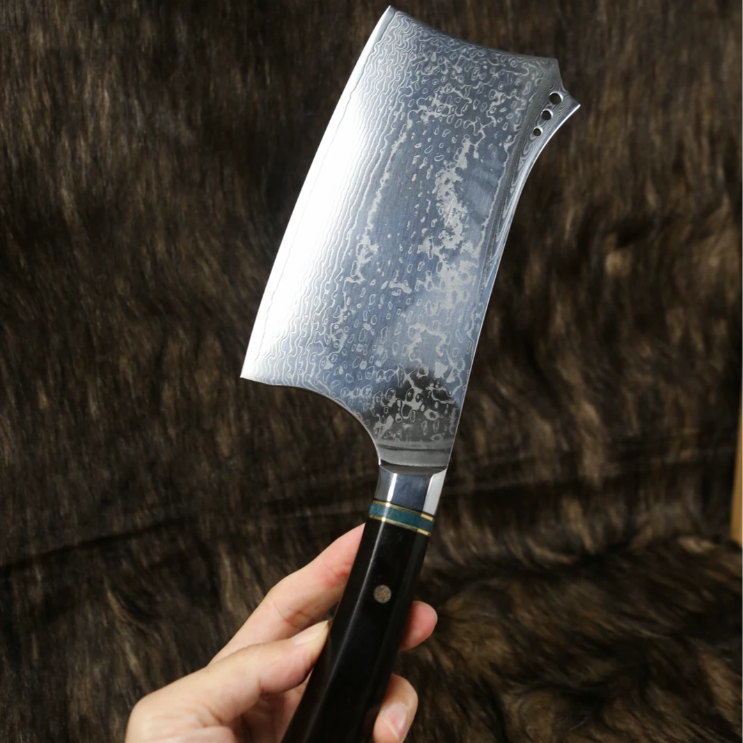 VG10大马士革钢砍切两用刀八角黑檀木手柄中式正宗大马士革钢刀