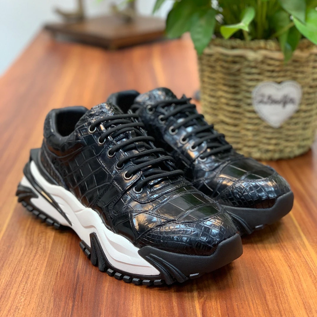 黑色鳄鱼皮坦克底鞋时尚百搭潮流男鞋休闲运动男鞋秋冬款跑步经典