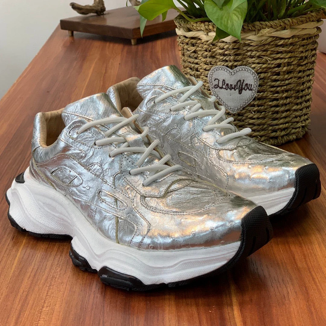 新款鸵鸟皮银色运动情侣款厚底老爹舒适百搭潮鞋低帮经典鞋子潮流