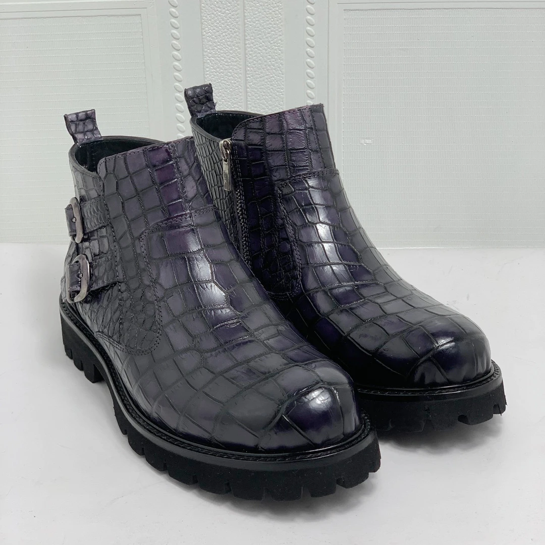 手工擦色鳄鱼皮黑底高帮鞋时尚百搭休闲男鞋潮鞋舒适厚底中帮