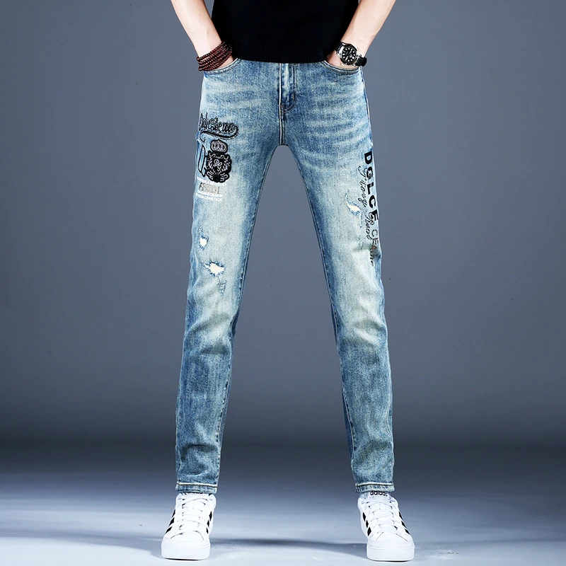 烫钻高端男士牛仔裤男款秋冬厚款修身小脚潮牌弹力裤子男裤71306