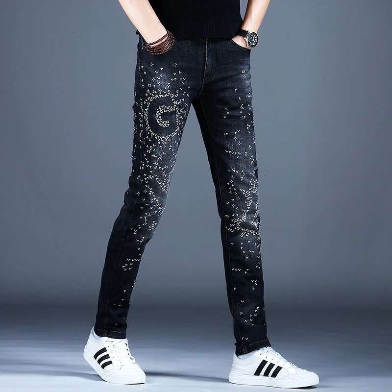 黑色男士牛仔裤男款秋冬厚款修身小脚潮牌休闲直筒长裤子男裤2360