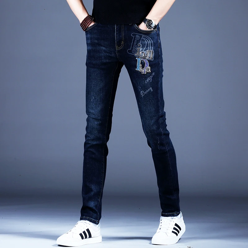 烫钻黑蓝高端男士牛仔裤男款秋冬厚款修身小脚潮牌弹力裤子男9817