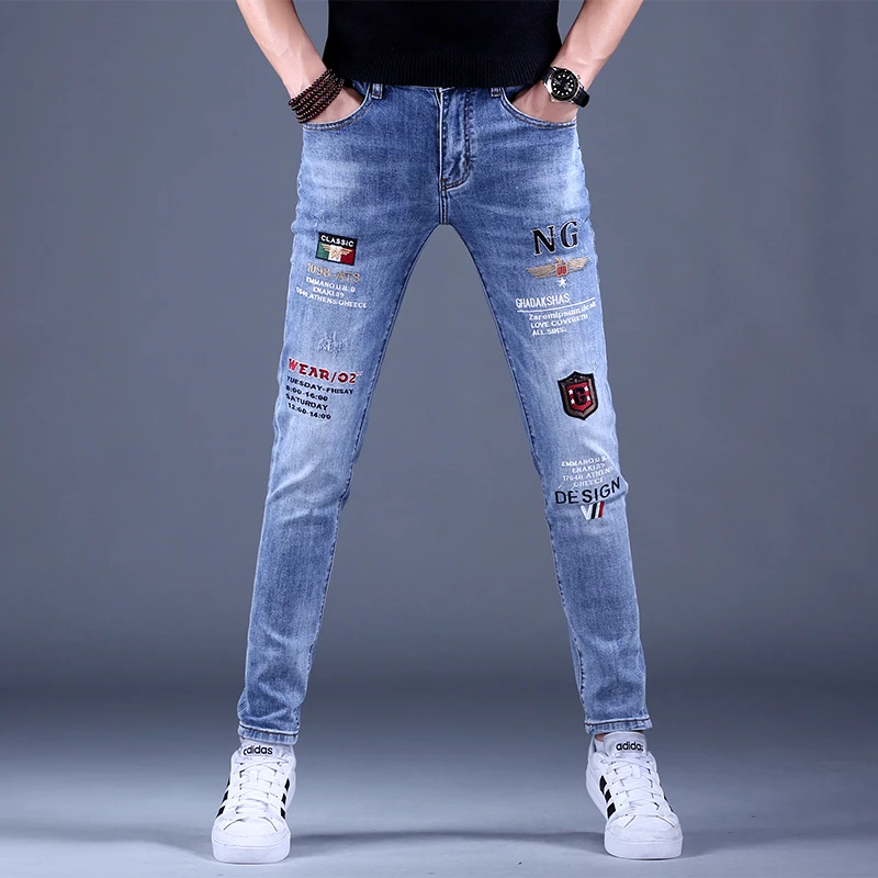 高端刺绣花男士牛仔裤男款裤子夏季薄款潮牌欧货修身小脚品质5577