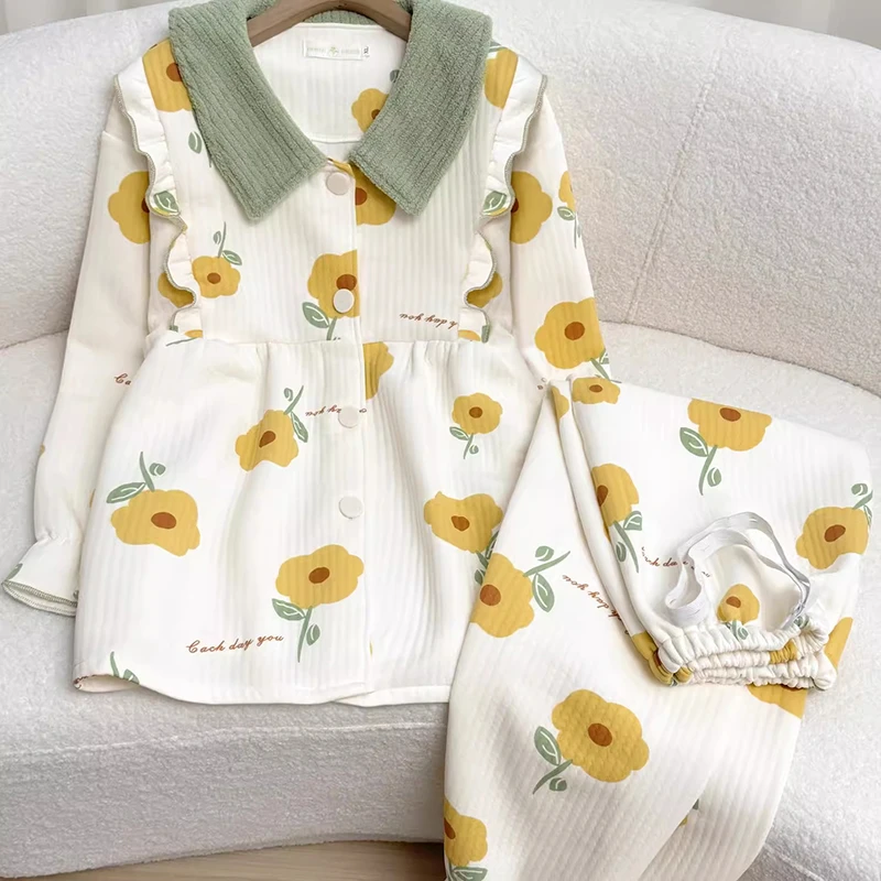 孕妇睡衣女春秋季加厚夹层月子服冬季吸汗透气空气棉哺乳两件套装