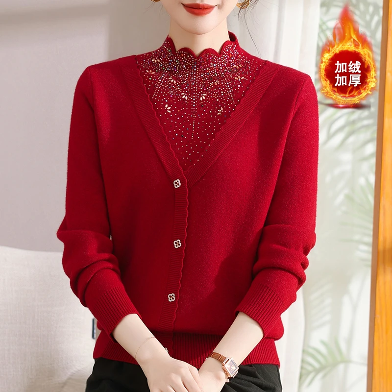 妈妈装加绒加厚保暖秋冬毛衣时尚中年女洋气半高领一体绒打底衫女