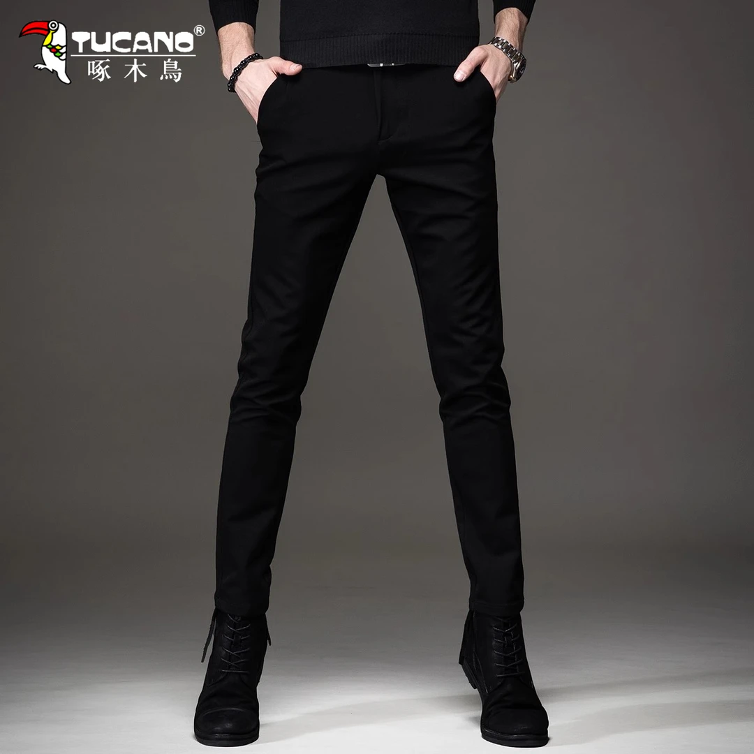 啄木鸟秋冬黑色牛仔裤男款修身小脚韩版弹力百搭加绒休闲长裤子男