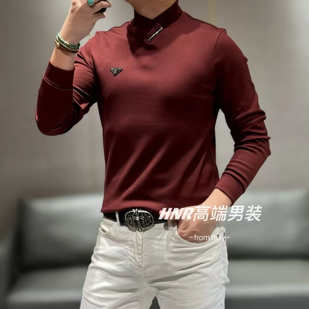 【莫代尔空气层】设计款倒三角图标交叉领秋冬款男士圆领长袖9669