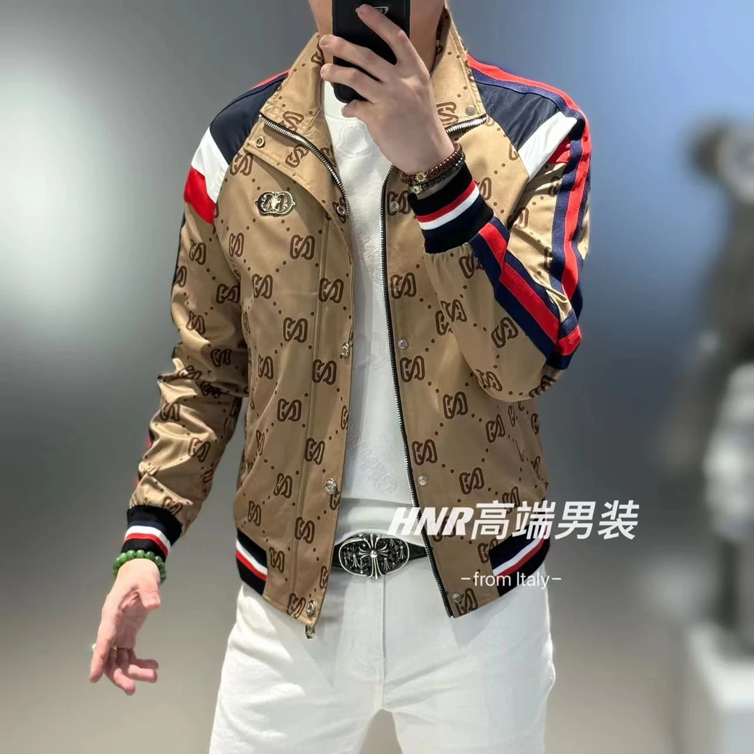 撞色条纹菱格印花新款高端男士时尚百搭高品质潮流立领夹克7066