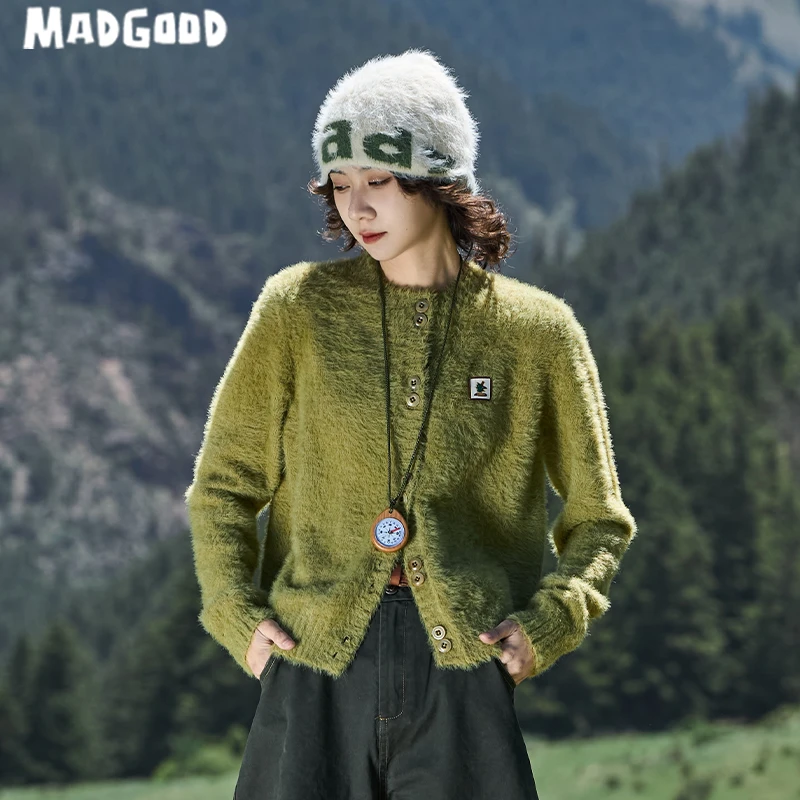 马得工地madgood春秋款仿貂毛正肩logo圆领开衫外套MDGDMY243110