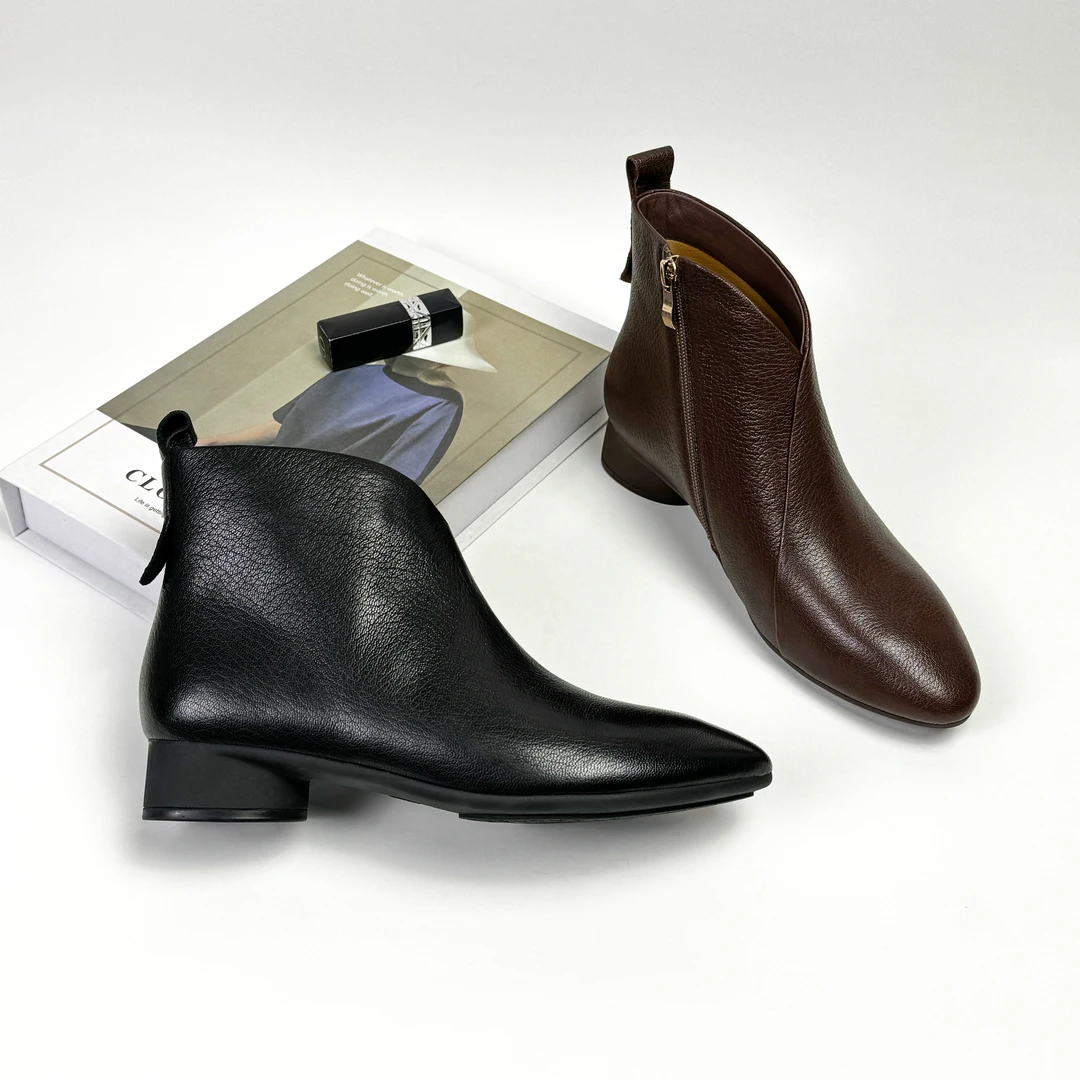 3CM低跟秋冬季时装靴时尚休闲百搭真皮复古粗跟双十一新品简约