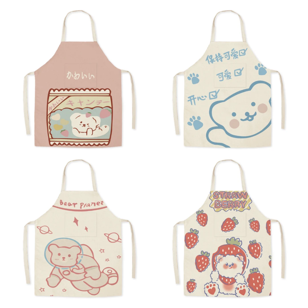 可爱小熊口袋成人儿童围裙 印花卡通厨房清洁无袖围腰火锅店罩衣