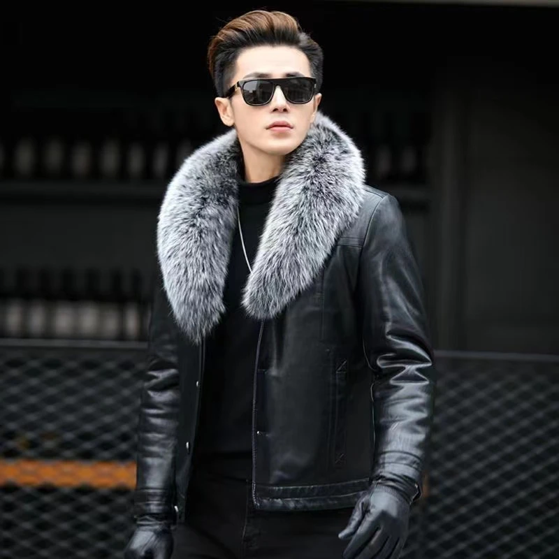 海宁毛领真皮皮衣男冬季加绒加厚2023新款外套韩版绵羊皮皮夹克男