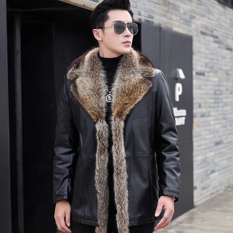 海宁真皮皮衣貉子大毛领皮毛一体男士冬季加绒加厚皮衣修身外套男