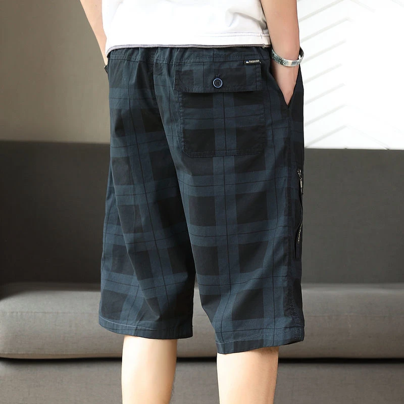 新款格子休闲短裤男士夏季薄款七分裤宽松纯棉运动7分过膝马裤子
