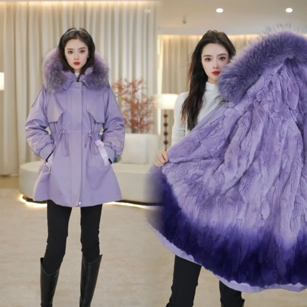 【知音】2024年新款派克服时尚连帽段染色獭兔毛