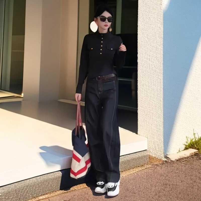 洋气秋冬复古工装显瘦百搭宽松长袖打底衫牛仔裤时尚显瘦阔腿裤