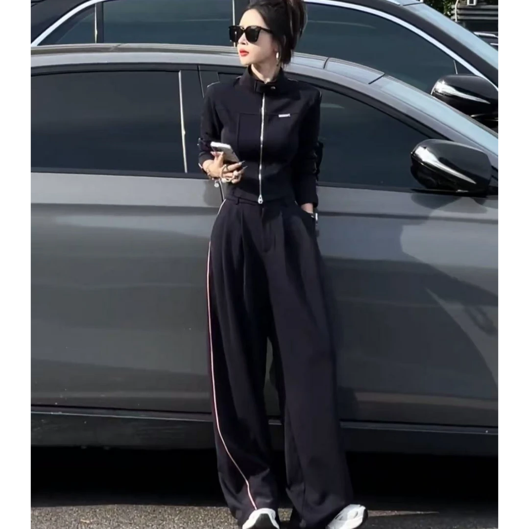 2025春秋新款洋气宽松时尚运动套装高级感修身黑色显瘦上衣阔腿裤