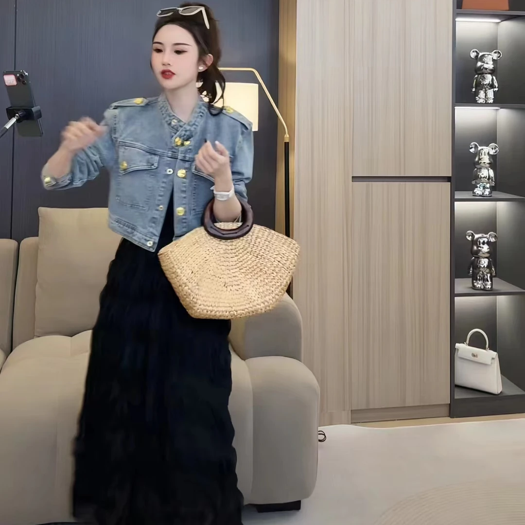 洋气新款美式复古牛仔外套秋季设计感小众高贵夹克开叉上衣裙子