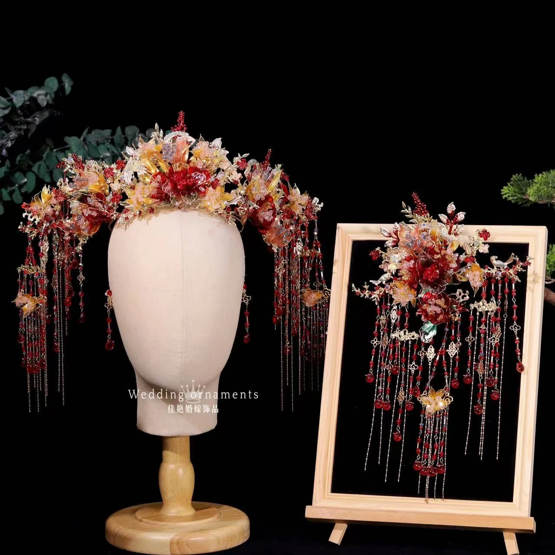 9072红色婚礼大气复古古风奢华冠式新娘头饰