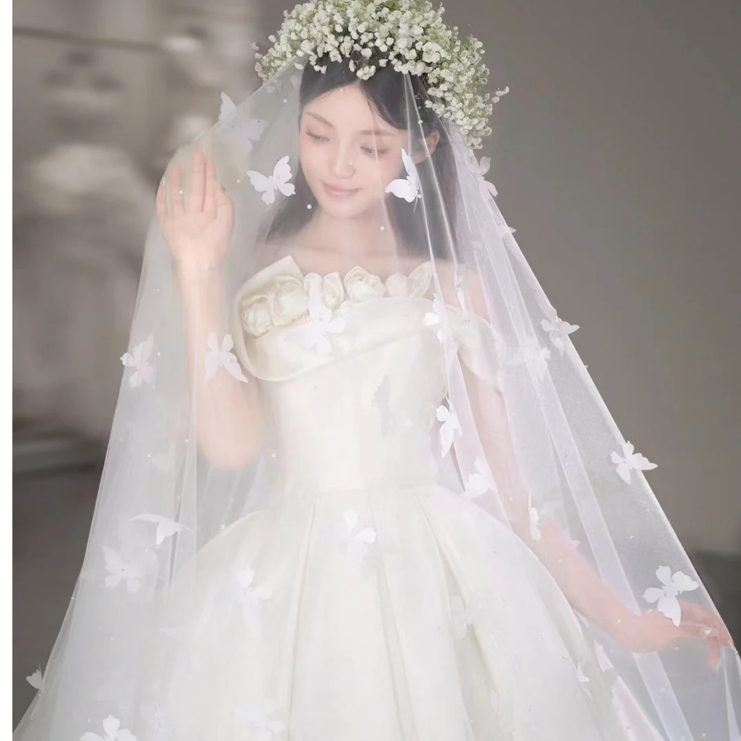 2048新款立体蝴蝶款简约长头纱婚纱百搭配饰韩式气质款头纱
