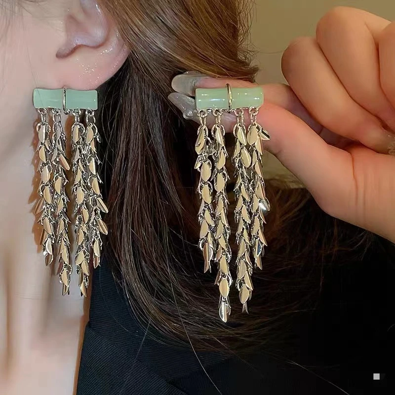 合金亚克力耳饰 1024新中式风金属竹节亮片树叶长流苏复古耳环