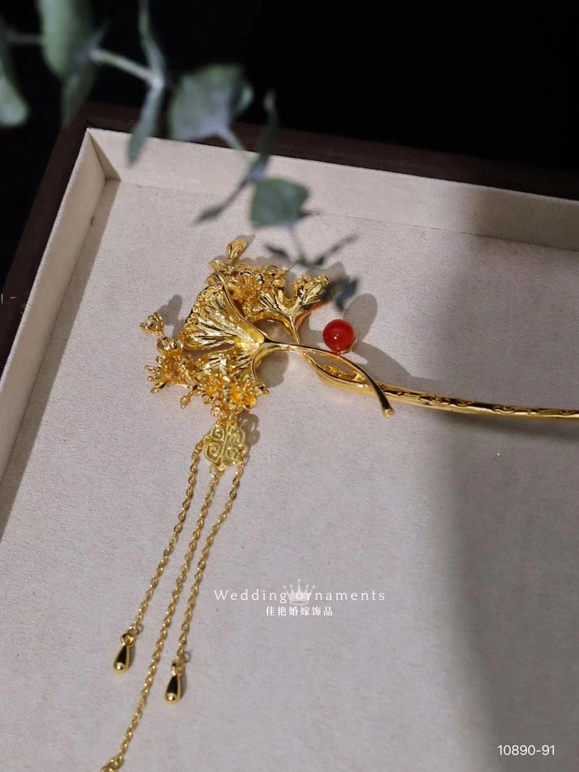 10890ETE新款精致金色复古气质长流苏百搭款发钗新娘头饰