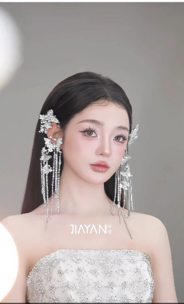 合金仿水晶耳饰 1025新款轻奢气质款双层蝴蝶长流苏耳挂个性耳环