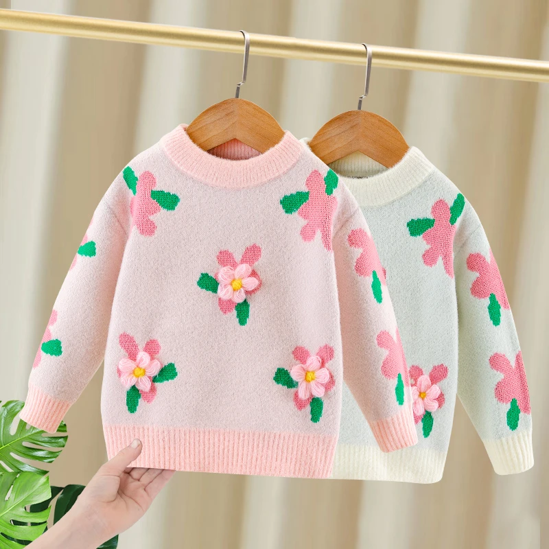 儿童打底衫女孩加厚秋冬圆领洋气女童针织衫韩版套头女宝加绒小童