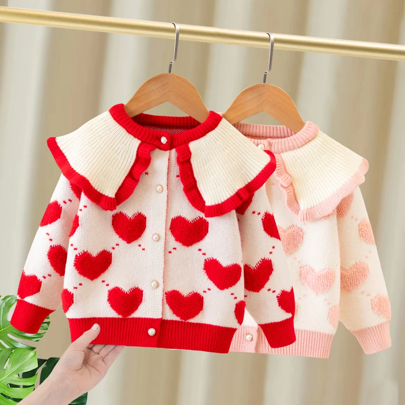 女童毛衣套装宝宝秋冬款加厚保暖裙子儿童爱心娃娃领针织开衫红色