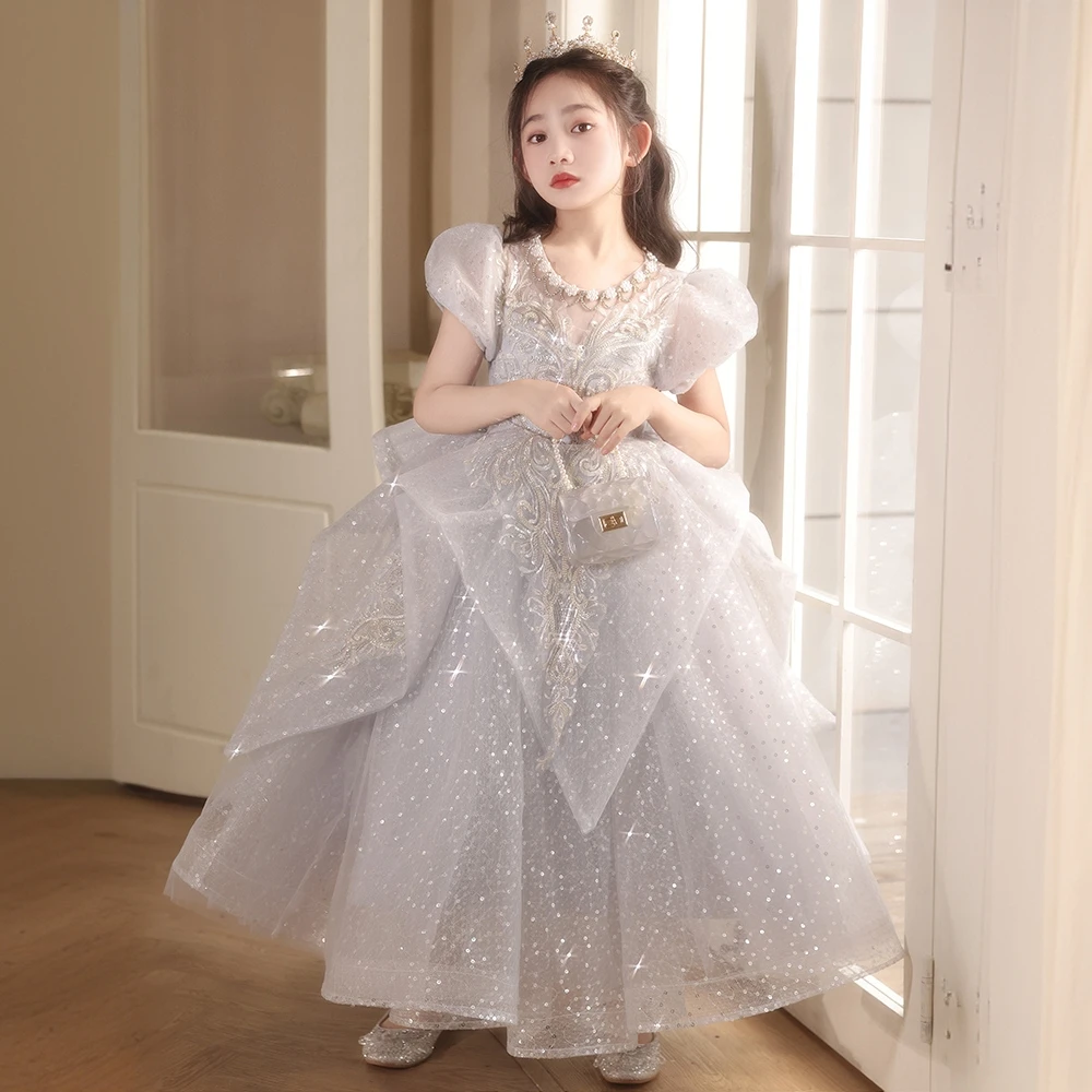 女童小众礼服灰色珍珠气质生日公主裙婚礼花童钢琴儿童公主礼服裙