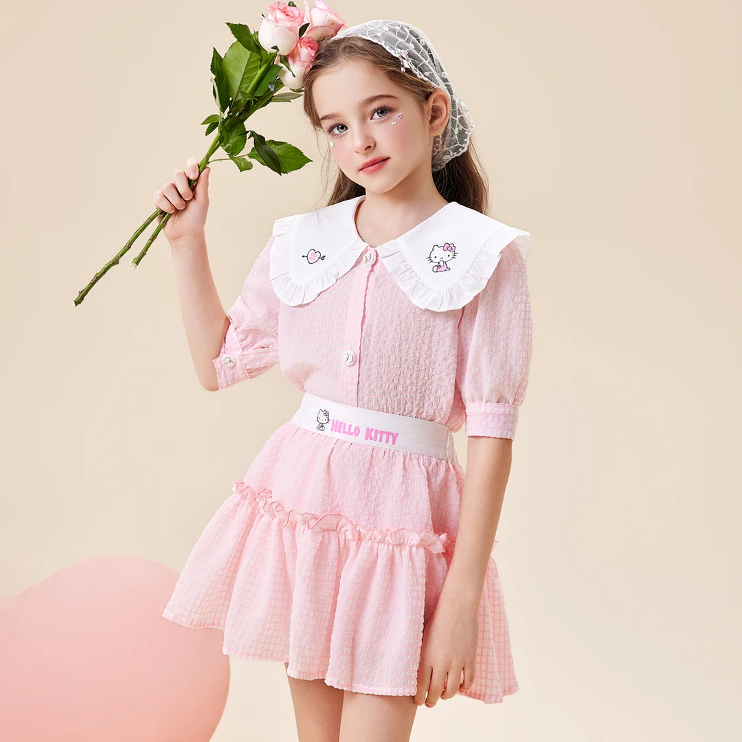 HELLO KITTY/凯蒂猫夏季女童时尚套装2024新款中大童甜美女孩翻领
